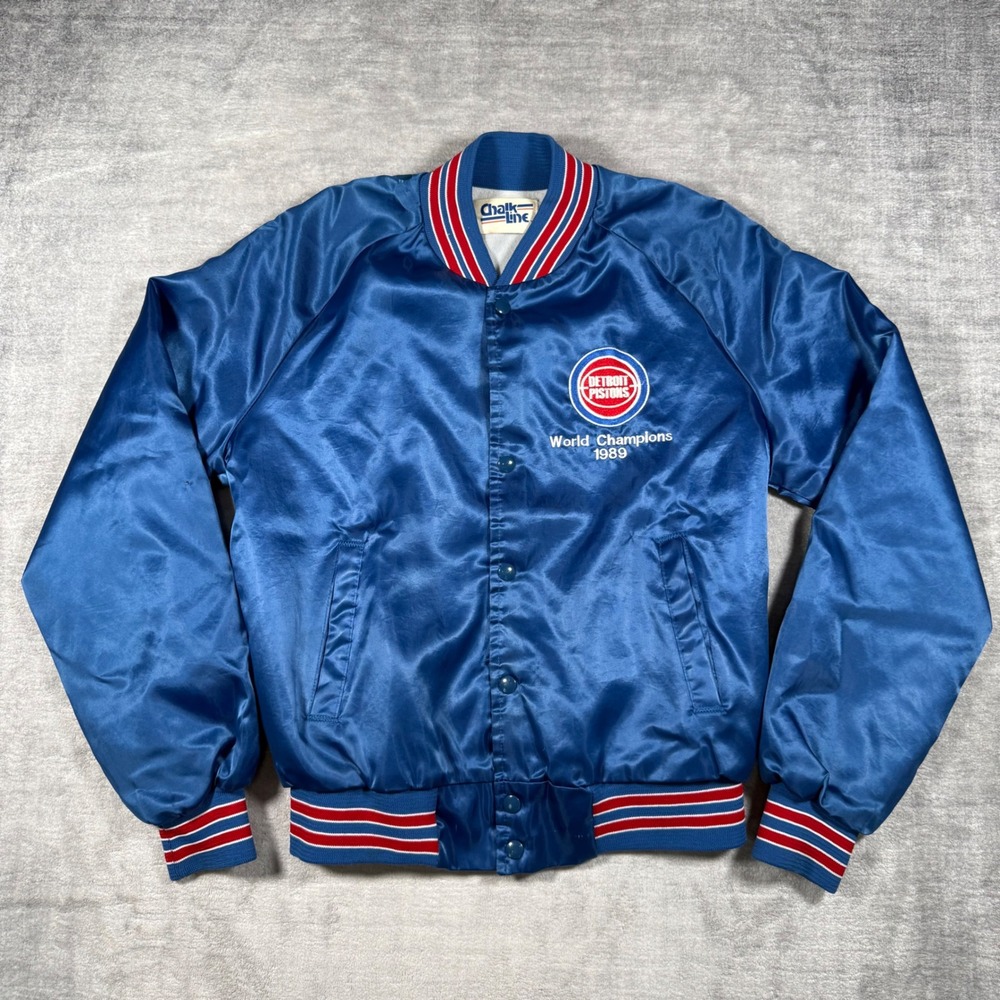 Detroit Pistons Jacket Mens Medium Blue Satin Vtg 89 World Champions Chalk Line